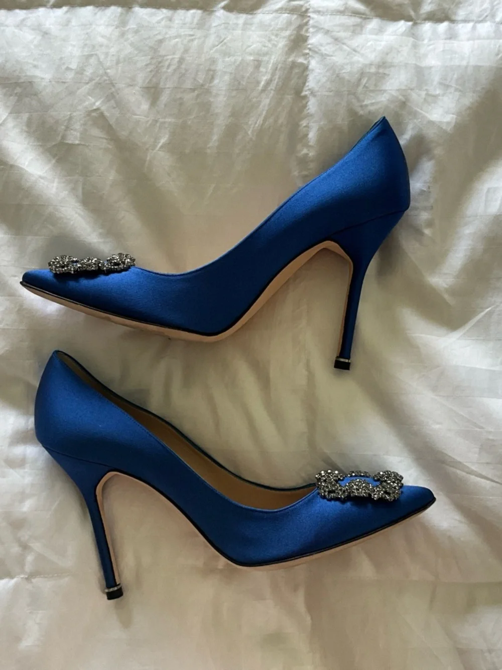 Manolo Blahnik Royal Blue Satin Pointed-Toe Crystal Buckle Pumps